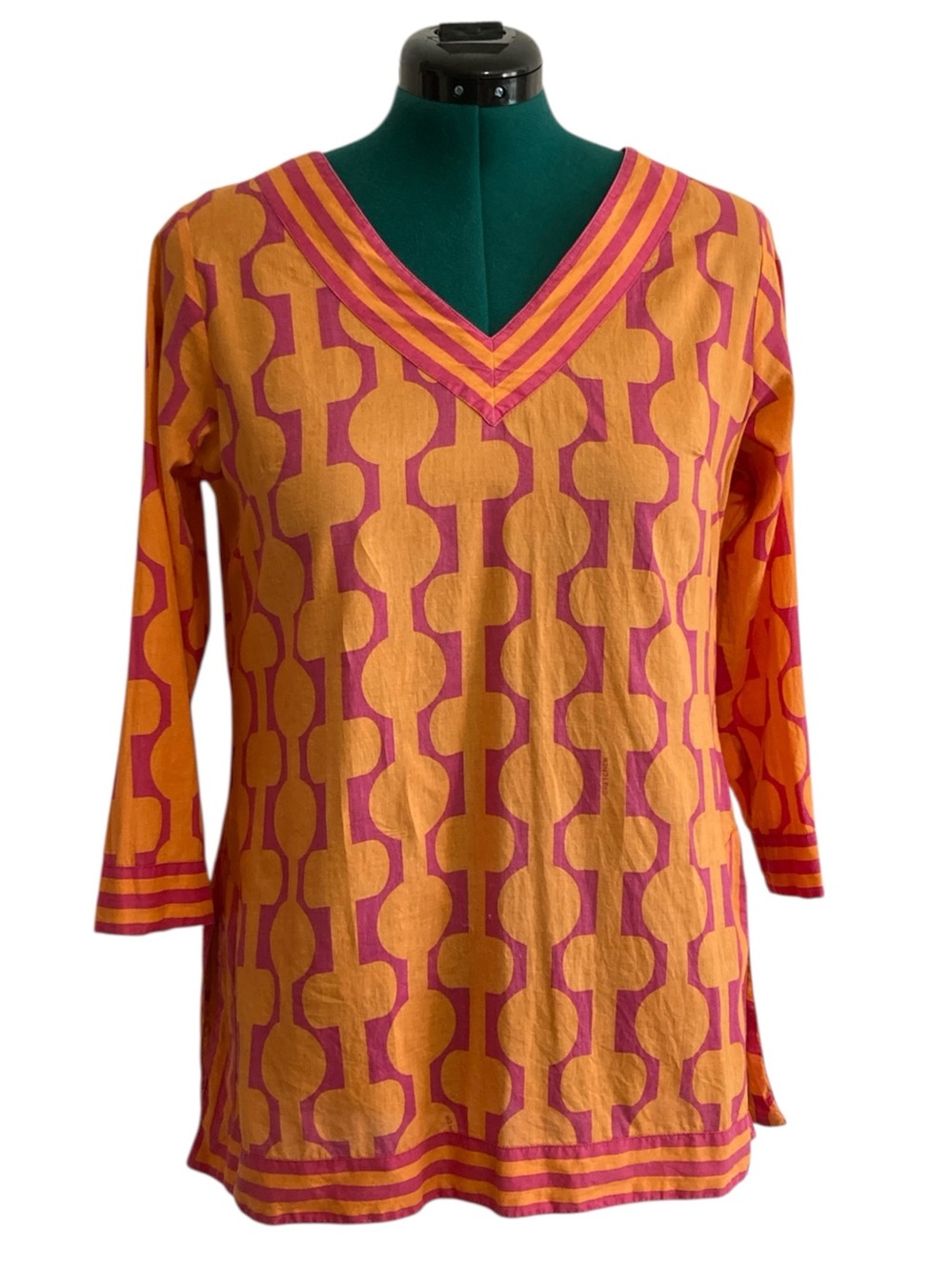 Gretchen Scott Mixed Print 100% Cotton 3/4 Sleeve V-Neck Tunic